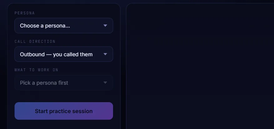 The setup panel with Persona, Call direction and What to work on, before anything is chosen