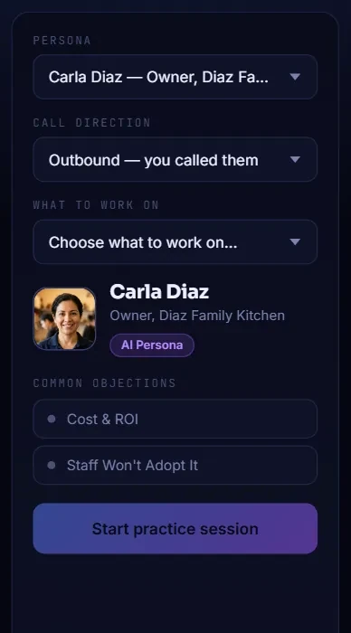 The setup panel after choosing Carla Diaz, showing her photo and the Common objections list